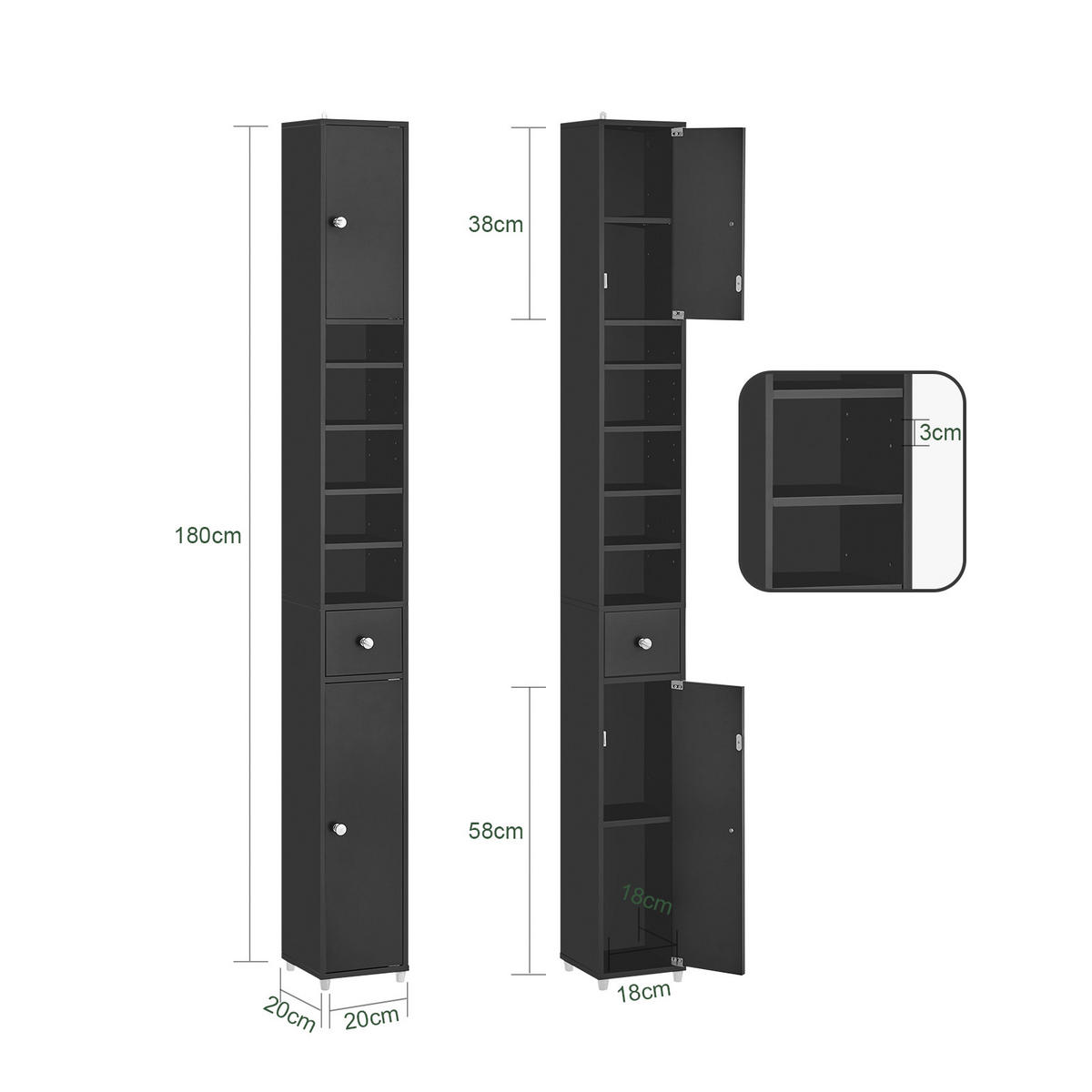 HOCHSCHRANK Schmal, Schwarz, 20x180x20cm - Schwarz, Holzwerkstoff (20/180/20cm) - SoBuy