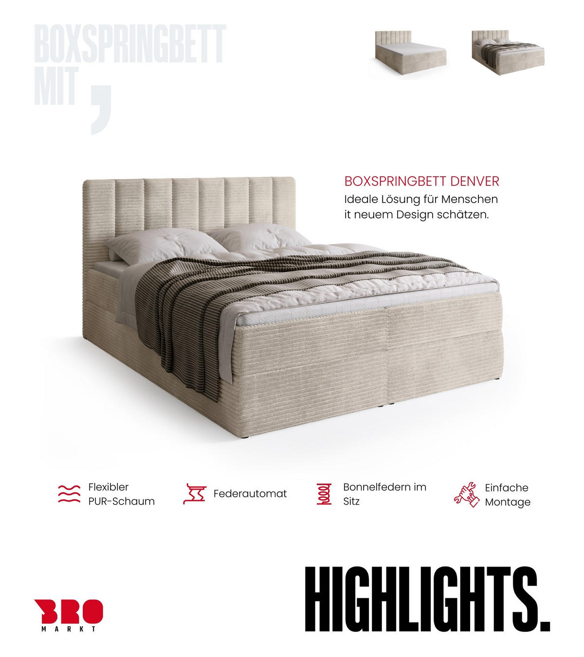 BOXBETT DENVER mit Topper 140x200 Vanille - Creme, Textil (140/200cm) - Bromarkt