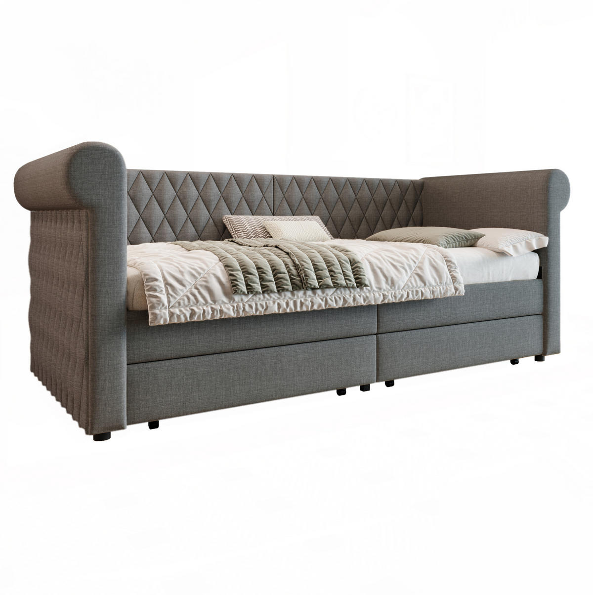 POLSTERBETT 90/200 cm mit 2 Schubladen & gestepptem Leinenbezug, Grau - Grau, Textil (90/200cm) - Redom