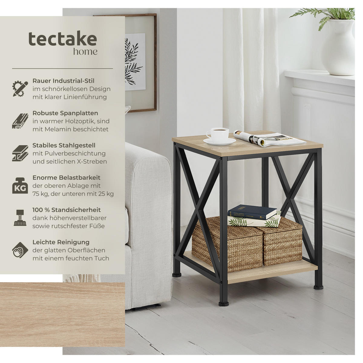 BEISTELLTISCH Carlton,40,5 x 40,5 x 52,5 cm,Industrial Holz hell, Eiche Sonoma - Naturfarben, Holzwerkstoff (40.5/40.5/52.2cm) - tectake