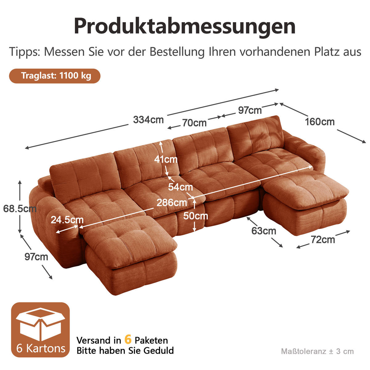 WOHNLANDSCHAFT DE-34464 U-Form mit 2 Ottomanen und Karostepp Orange - Orange, Textil (160/68.5/334cm) - ComfortXL