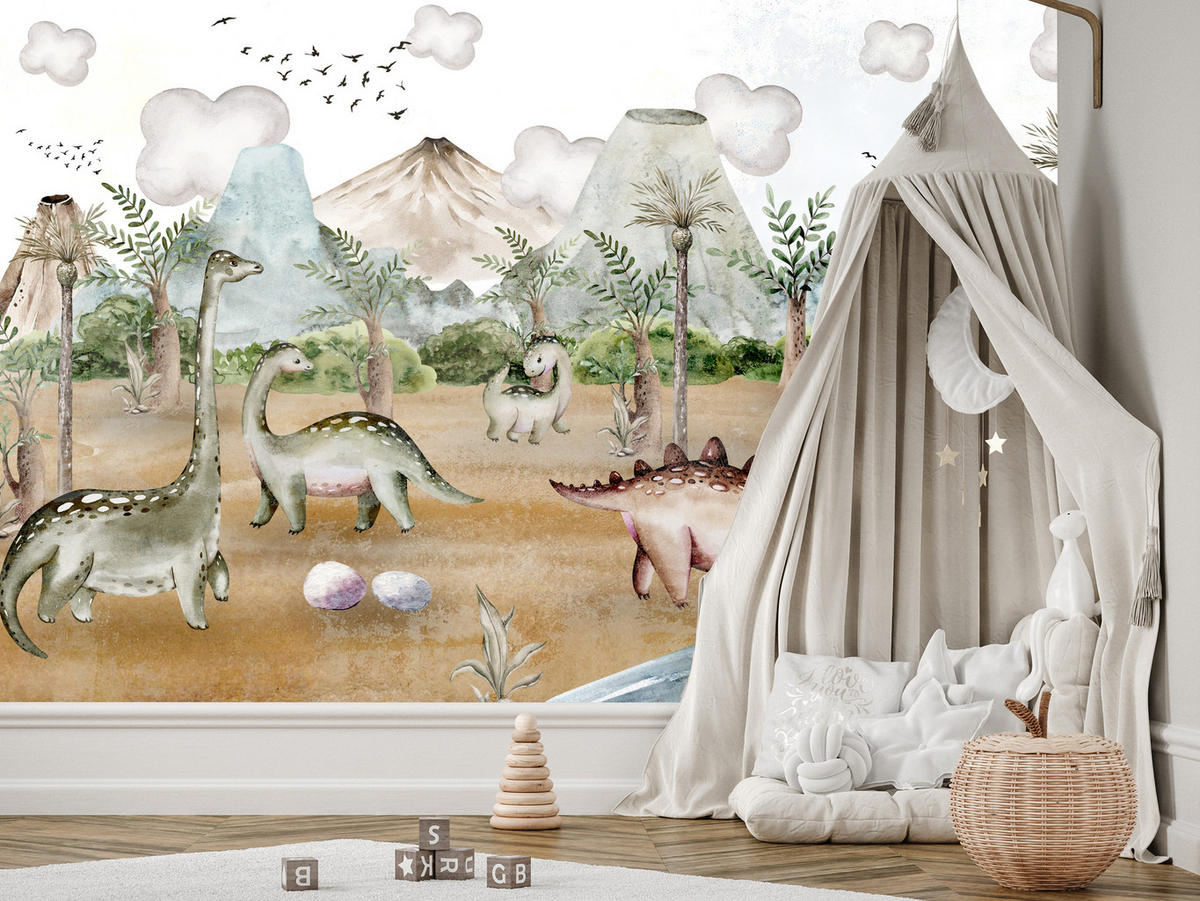 FOTOTAPETE für Kinderzimmer Dinosaurier Welt Vulkane Aquarell Tropische Bäume 350x256 - Blau/Beige, Papier (350/256cm) - Muralo