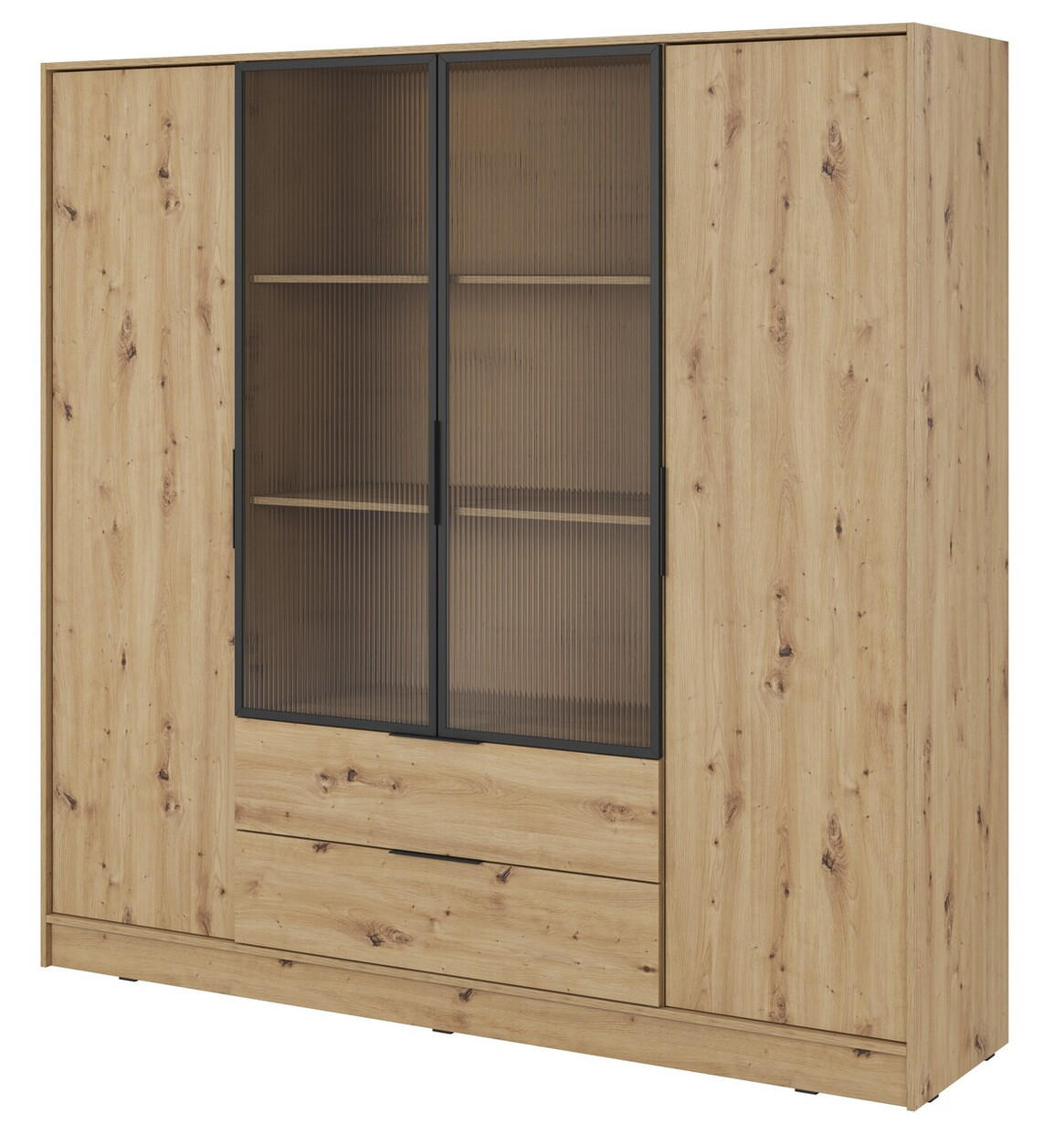 SCHRANK 206 cm mit Glas Kalma, Schubladen, 4 Türen, Eiche Artisan - Eiche Artisan, Holz (206/200/51cm) - Emporius