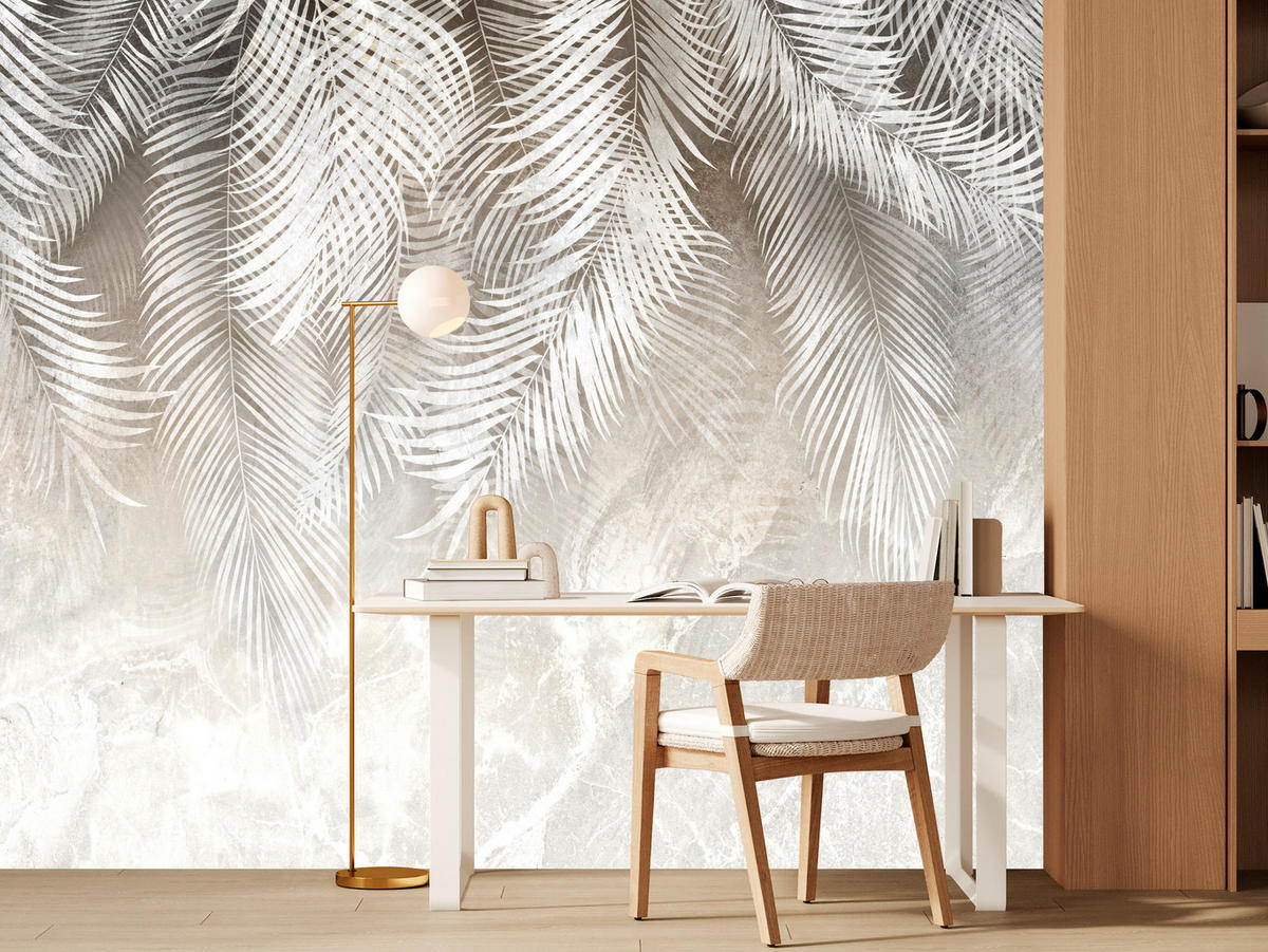 FOTOTAPETE für Schlafzimmer Vintage Palmenblätter auf Marmor Beige 500x350 - Weiß/Grau, Papier (500/350cm) - Muralo