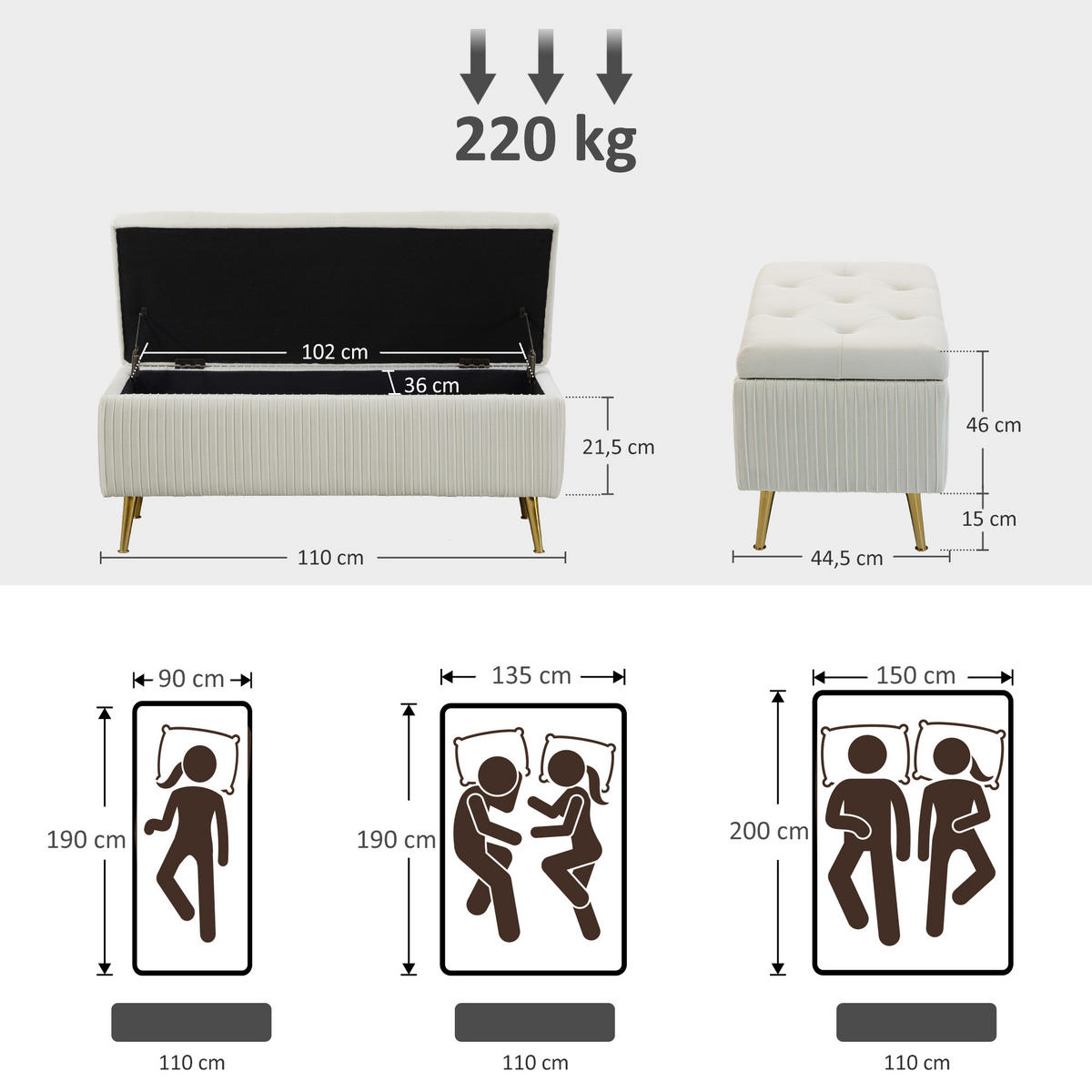 SITZTRUHE Mehrschichtholz Schaumstoff Samt Eisen Cremeweiß - Goldfarben/Creme, Textil/Metall (44.5/46/110cm) - HOMCOM
