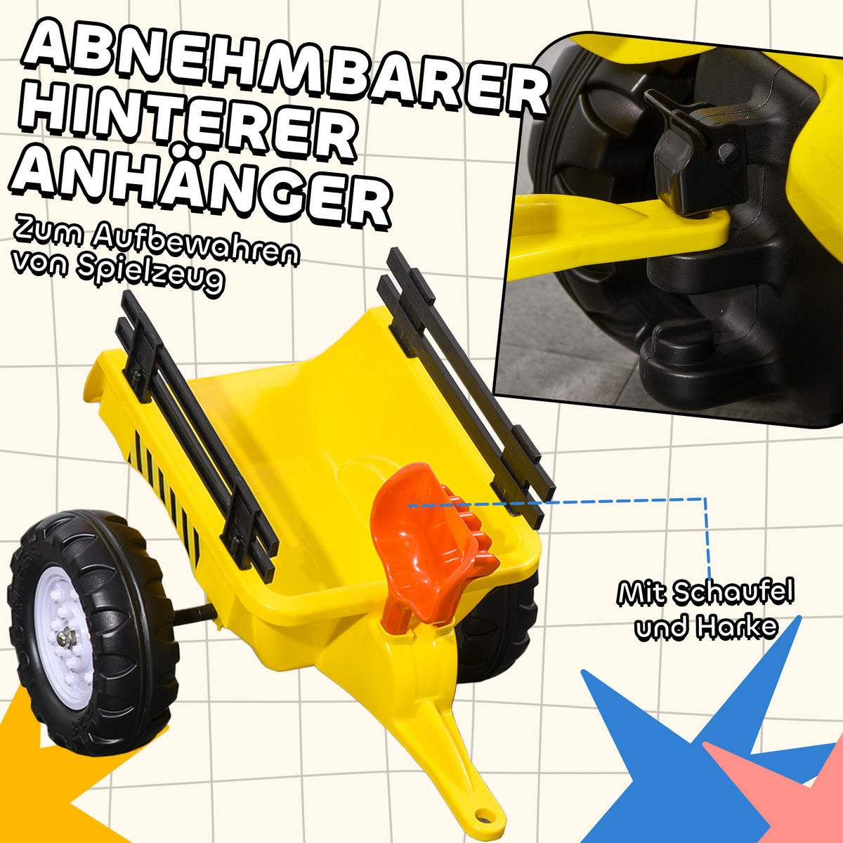 TRETTRAKTOR mit Anhänger Tretauto Traktor ab 3 Jahre Spielzeug Kinder Gelb - Gelb, Metall (133/42/51cm) - HOMCOM