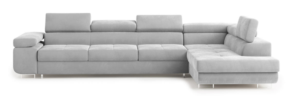 ECKSOFA VICENTE Hellgrau Velours-Stoff mit Schlaffunktion - Hellgrau, Holz (346/202cm) - MASSENO