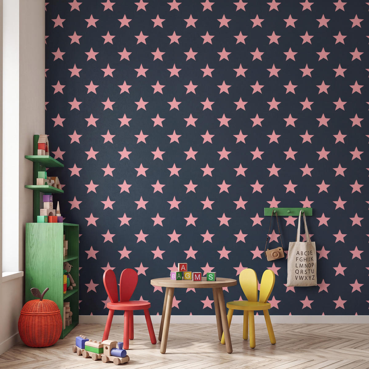 KINDERTAPETE - Muster - Sterne - Rosa - 280x300 cm - Anthrazit, Papier (280/300cm) - OnlyWow