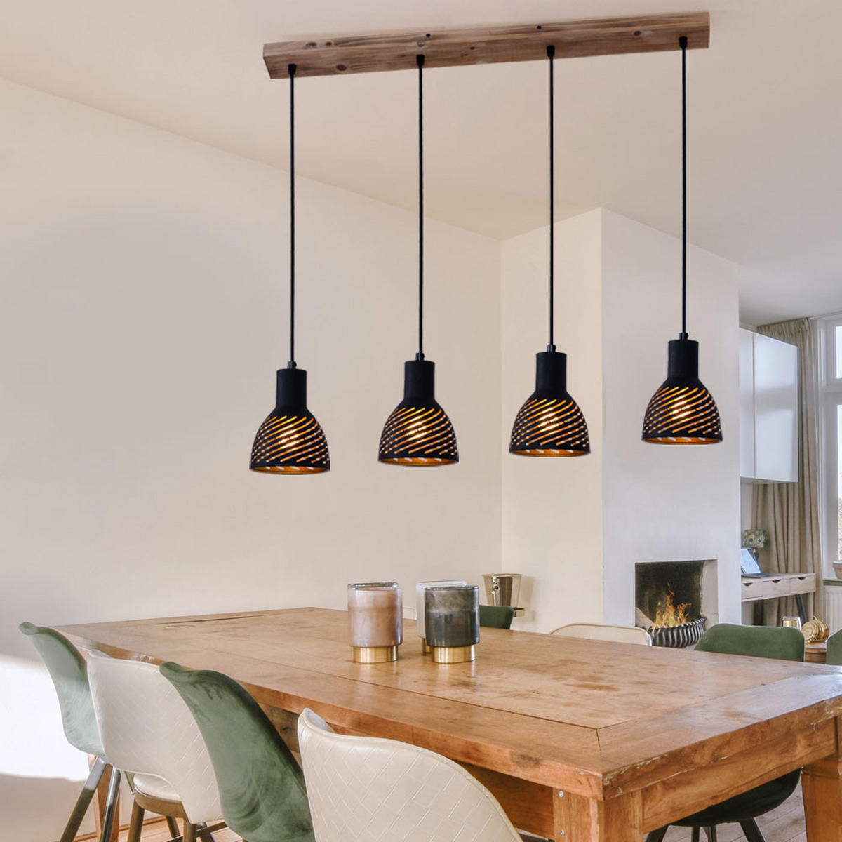 LED HÄNGELEUCHTE Metall Schwarz Gold Holzoptik - Schwarz, Metall (90/12.5/120cm) - Globo Lighting