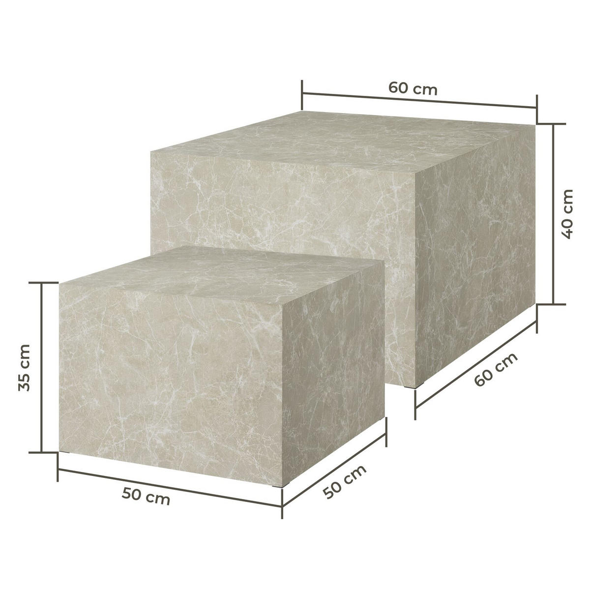 COUCHTISCH 2er Set Lacey, inkl. Filzschoner, Belastbarkeit 45 kg, Travertin Optik - Beige, Holz (60/60/40cm) - tectake