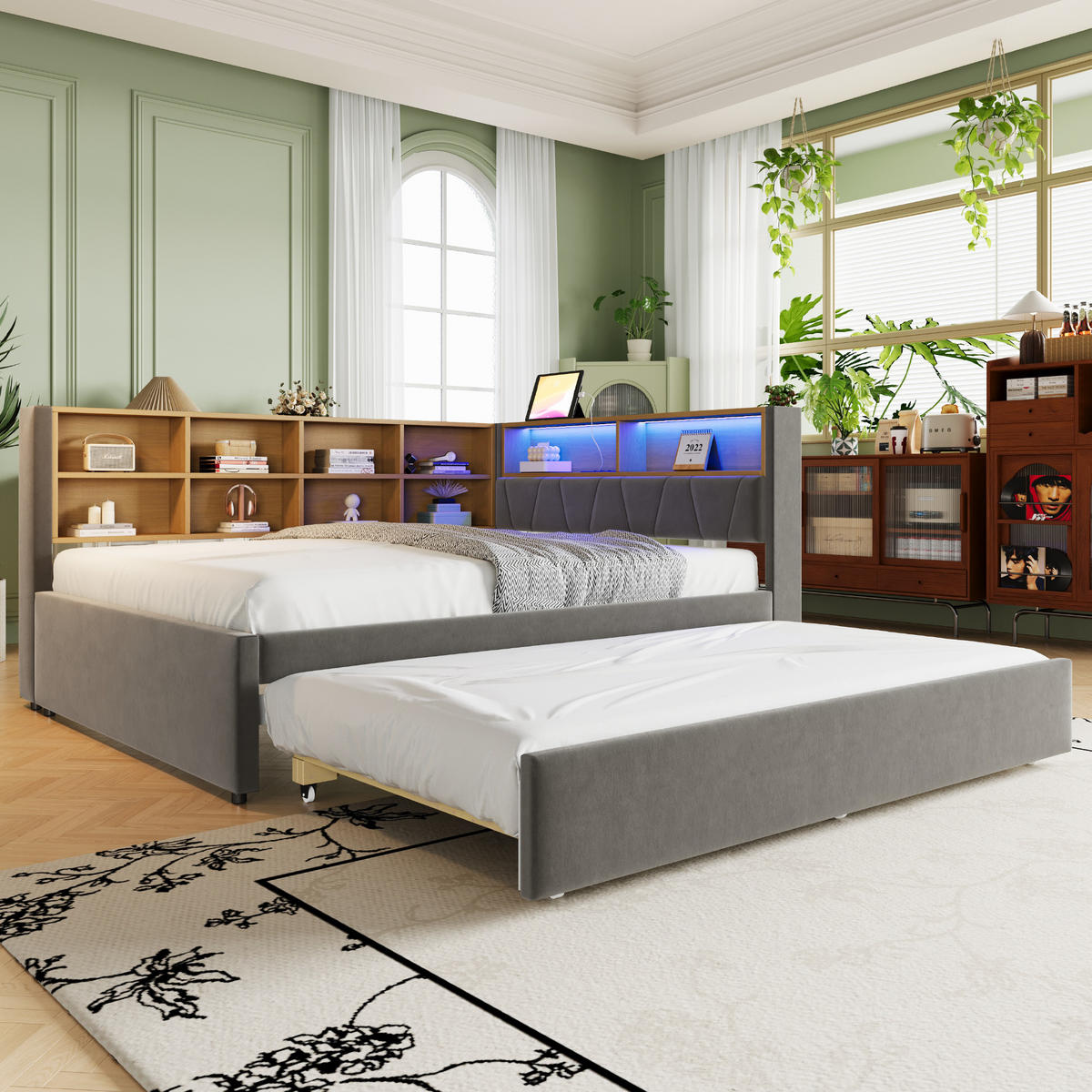 AUSZIEHBETT 140/200 cm DE-01984, in Dunkelgrau, mit LED und Steckdosen - Dunkelgrau, Metall (140/200cm) - ComfortXL
