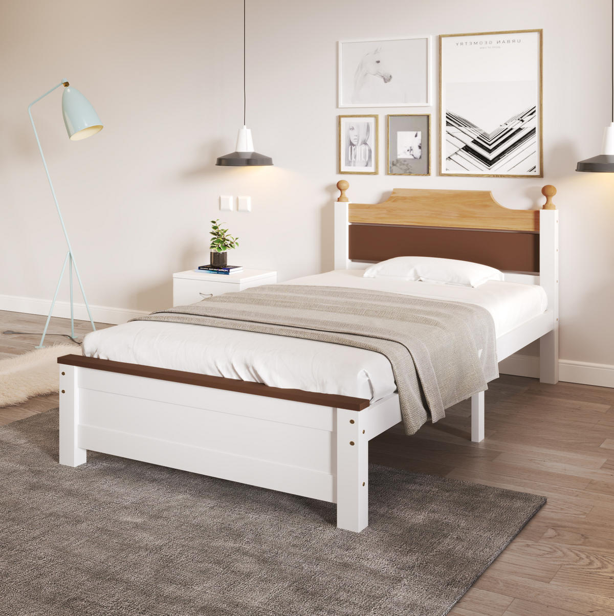 JEDNOLÔŽKOVÁ posteľ 90/200 cm biela z masívneho borovicového dreva a MDF so zdobeným čelom a stredovými nohami - biela, drevo (90/200cm) - OKWISH