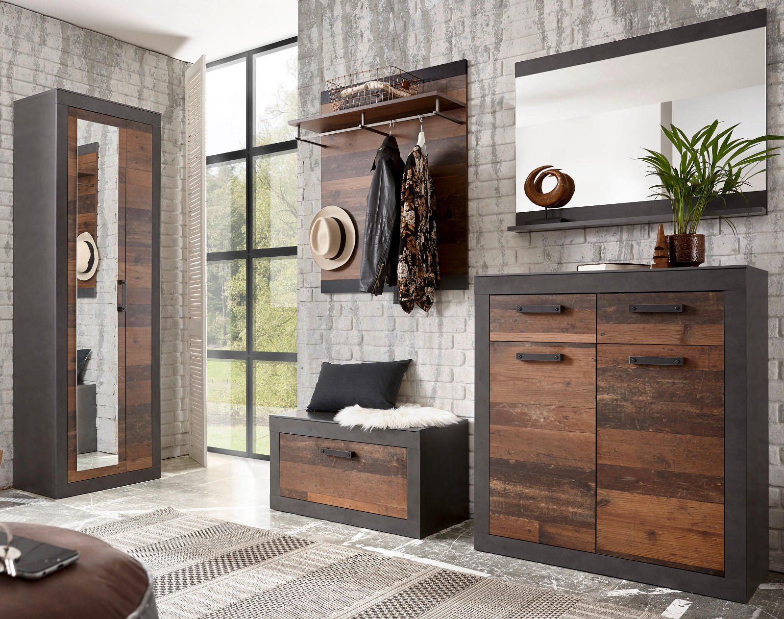GARDEROBE Set 5-teilig Used Wood Shabby, Matera grau 277 cm - Silberfarben/Naturfarben, Glas/Holzwerkstoff (277/201/40cm) - Furn.Design