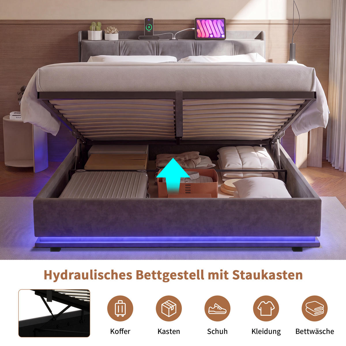 ČALÚNENÁ posteľ 160x200 cm, zamatovosivá, s boxom na posteľ, LED a USB-C - sivá, drevo (160/200cm) - SHOPENTRA