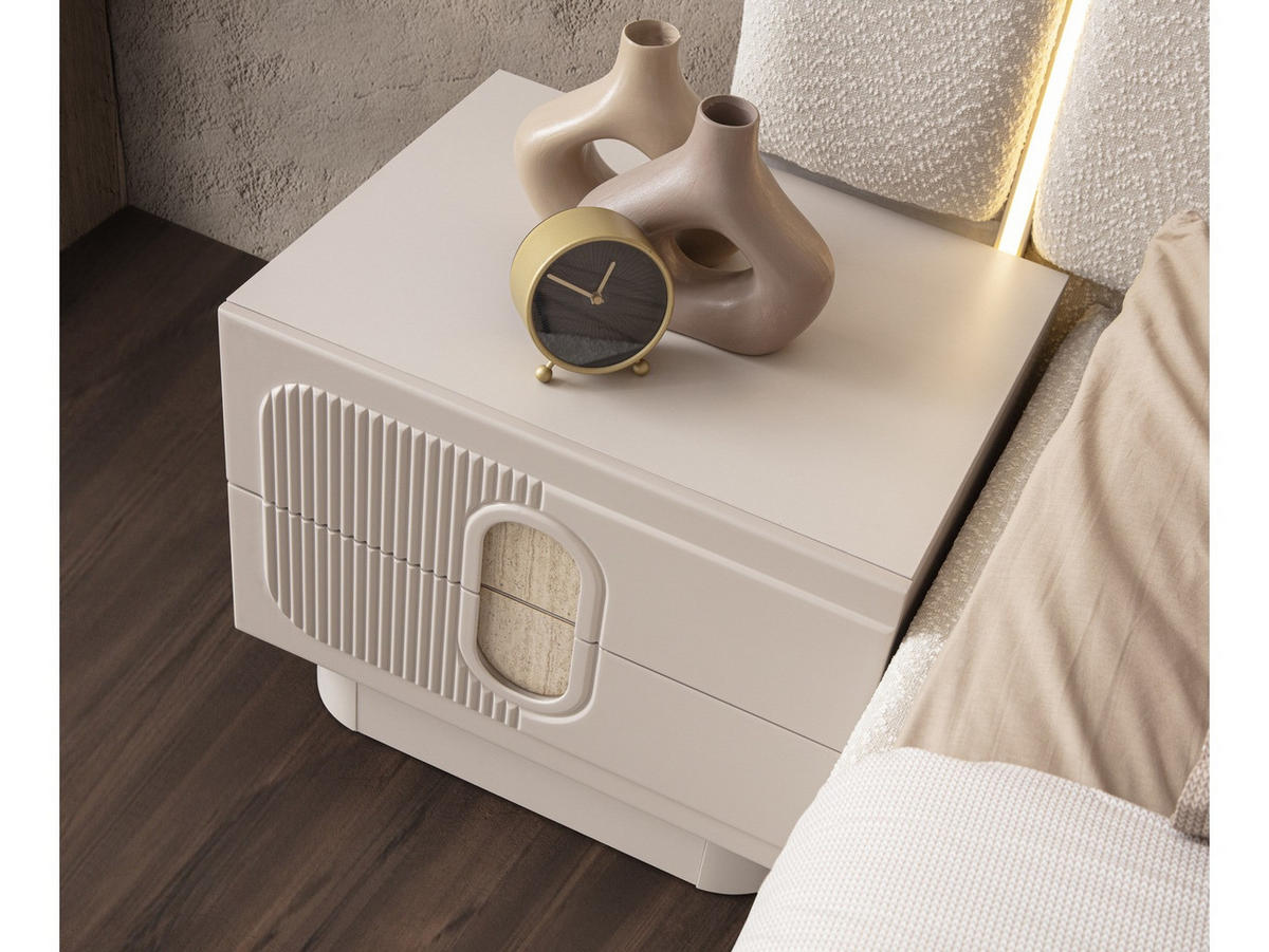 BETTANLAGE VALORIA Schlafzimmer-Set, 5-teilig, Creme, Bett mit Kopfteil 2 Nachttischen Kommode und Kleiderschrank - Creme, Leder/Holzwerkstoff (160/200cm) - Villa Möbel