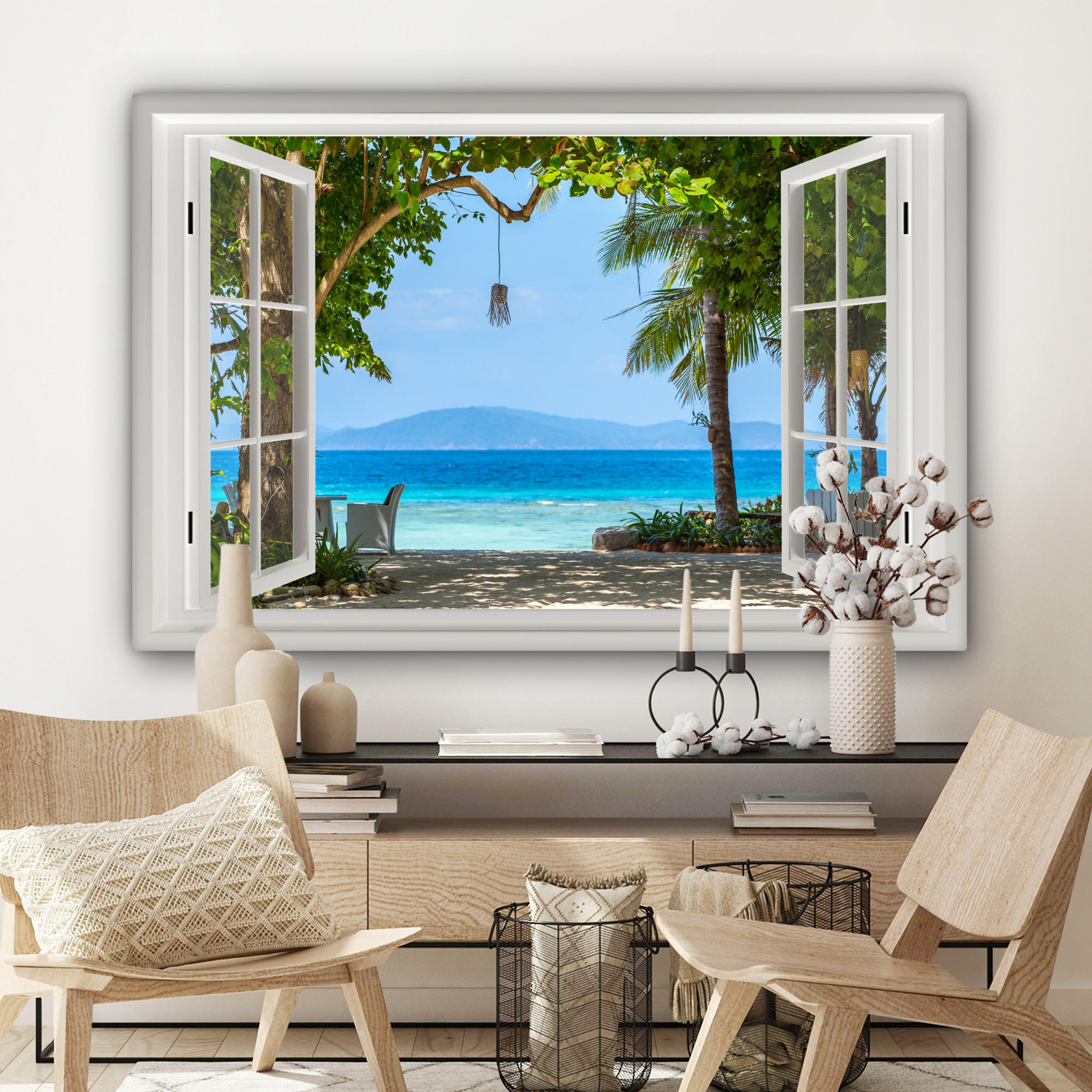 LEINWANDBILD Aussicht - Baum - Meer - Palme - Hügel - Strand - Blau Wohnzimmer 120x80 cm - Blau, Textil (120/80cm) - MuchoWow