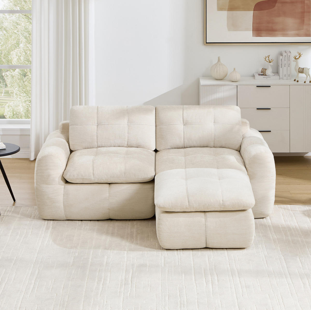 SOFA 194/160/68 cm in Beige mit Chenille-Bezug und Hocker - Beige, Textil (160/68/194cm) - Flora Grace
