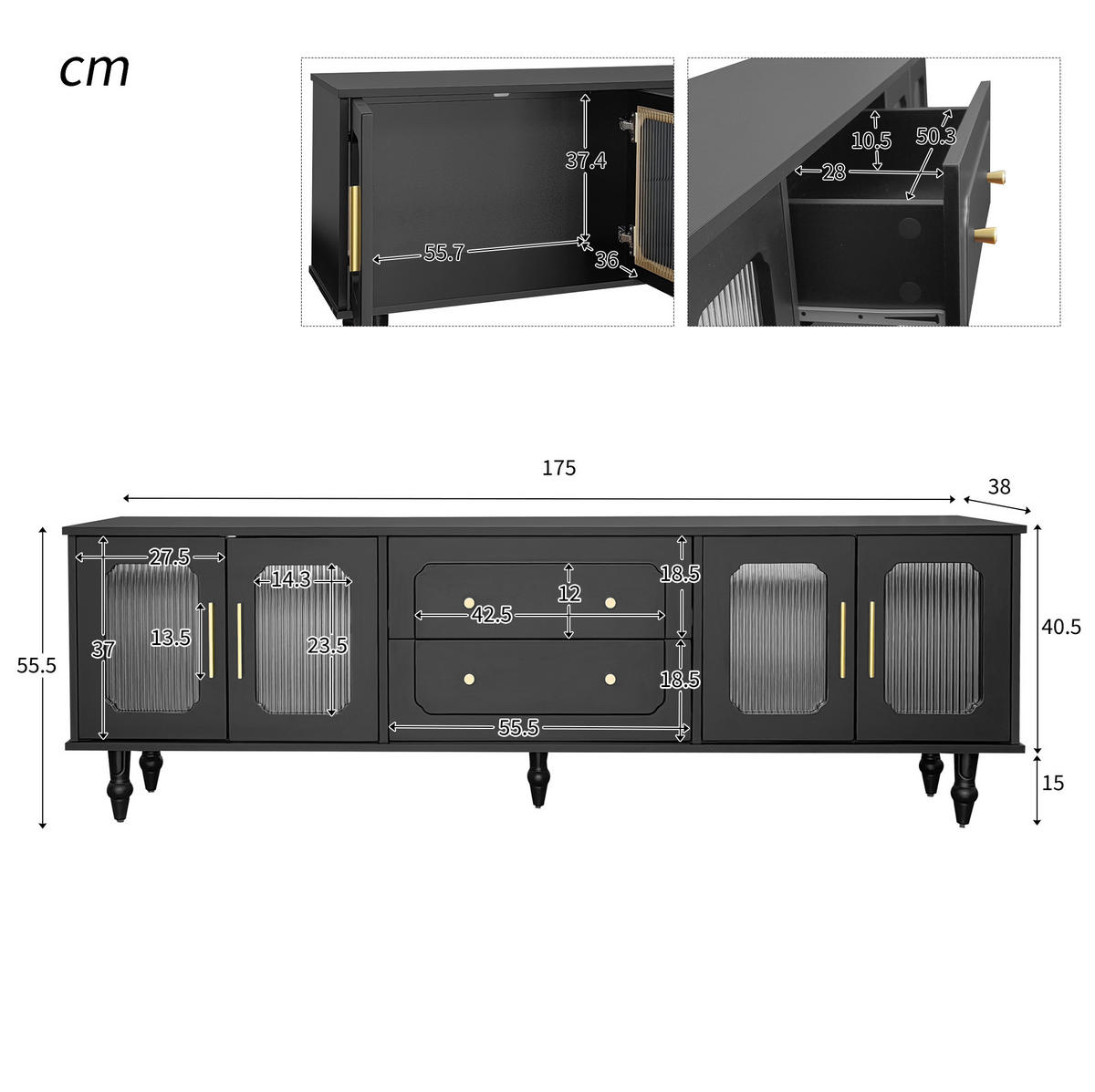 TV-MÖBEL mit Glastüren und Schubladen 177 x 38 x 55,5 cm Schwarz - Schwarz, Holzwerkstoff (38/55.5/175cm) - Beauniv