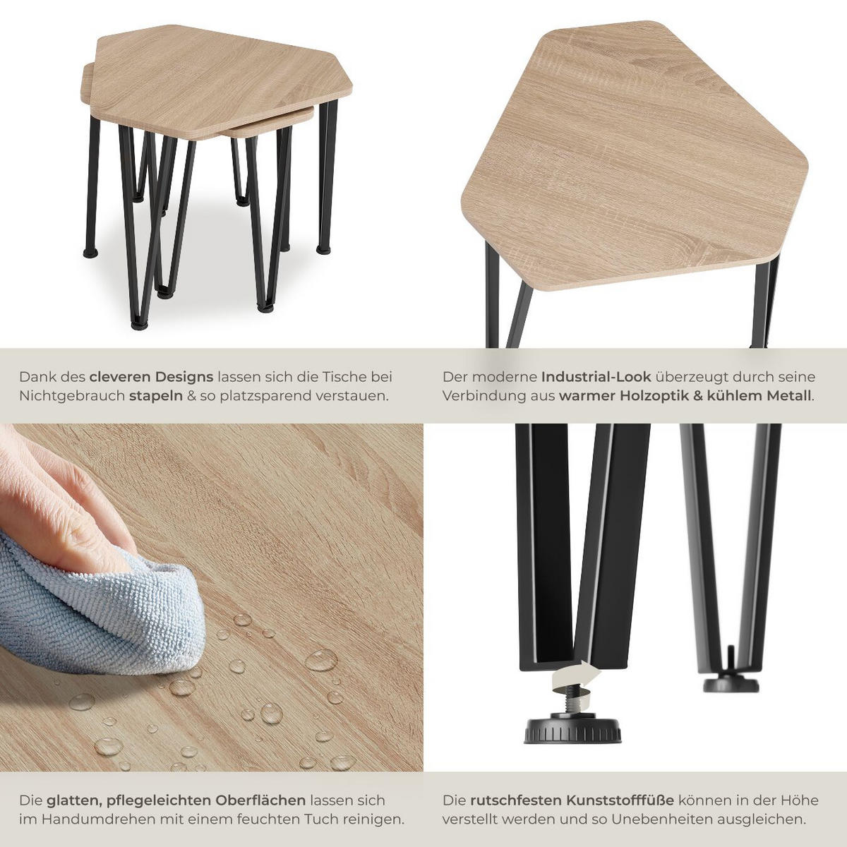 BEISTELLTISCH-SET Torquay,stapelbar,Industrial Holz hell, Eiche Sonoma - Naturfarben, Holzwerkstoff (58.7/52/45.5cm) - tectake