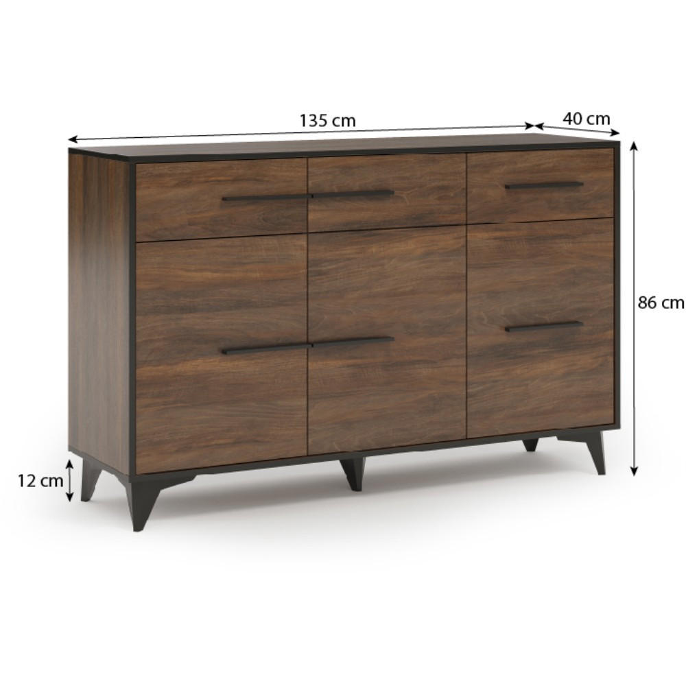 KOMMODE Felia mit 3 Schubladen und 3 Türen - Walnussfarben/Schwarz, Holzwerkstoff (135/95/40cm) - Beautysofa
