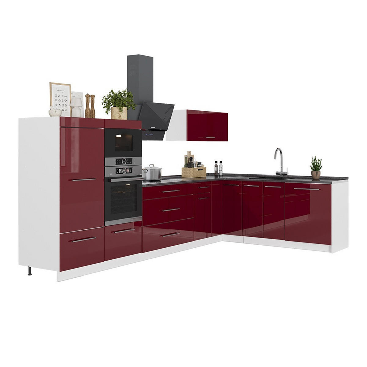 KUHINJA V OBLIKI ČRKE L Fame-Line, Bordo rdeča barva visokega sijaja/Bela, 347 x 207 cm, DP Hrast - bela/bordo, leseni material (347/153.6/60cm) - Vicco