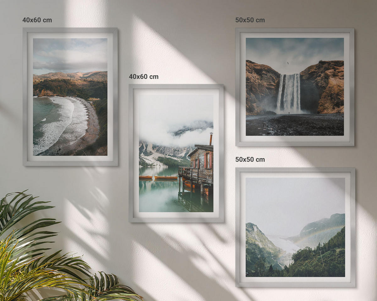 WANDBILDER 4er Set - 50x50 cm & 40x60 cm Silberner Rahmen - Bergstrände Wolken Wasser - Silberfarben, Kunststoff (50/50cm) - ArtPrintCave