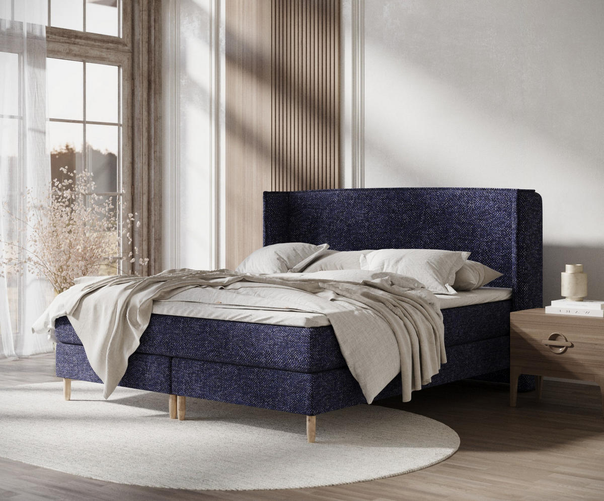 KONTINENTALBETT Ardis Marineblau 140/200 cm mit Matratze und Topper - Naturfarben/Dunkelblau, Holz/Holzwerkstoff (140/200cm) - Maison de Reve