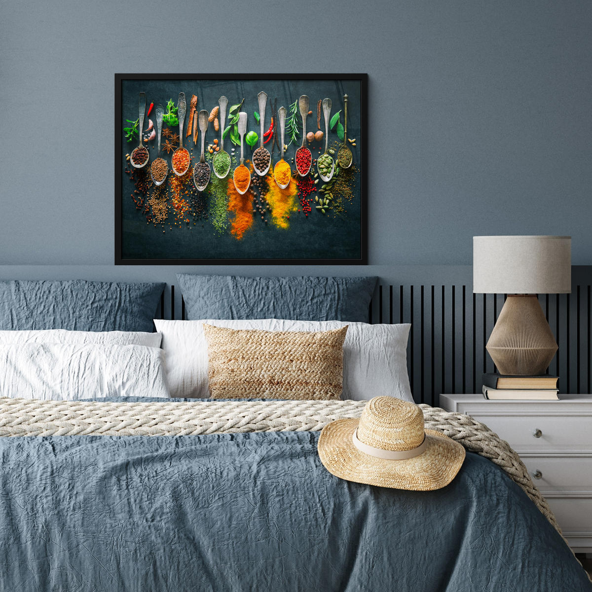 ZARÁMOVANÝ PLAGÁT Bylinky - korenie - lyžičky 80x60 cm - kari žltá, papier (80/60cm) - MuchoWow