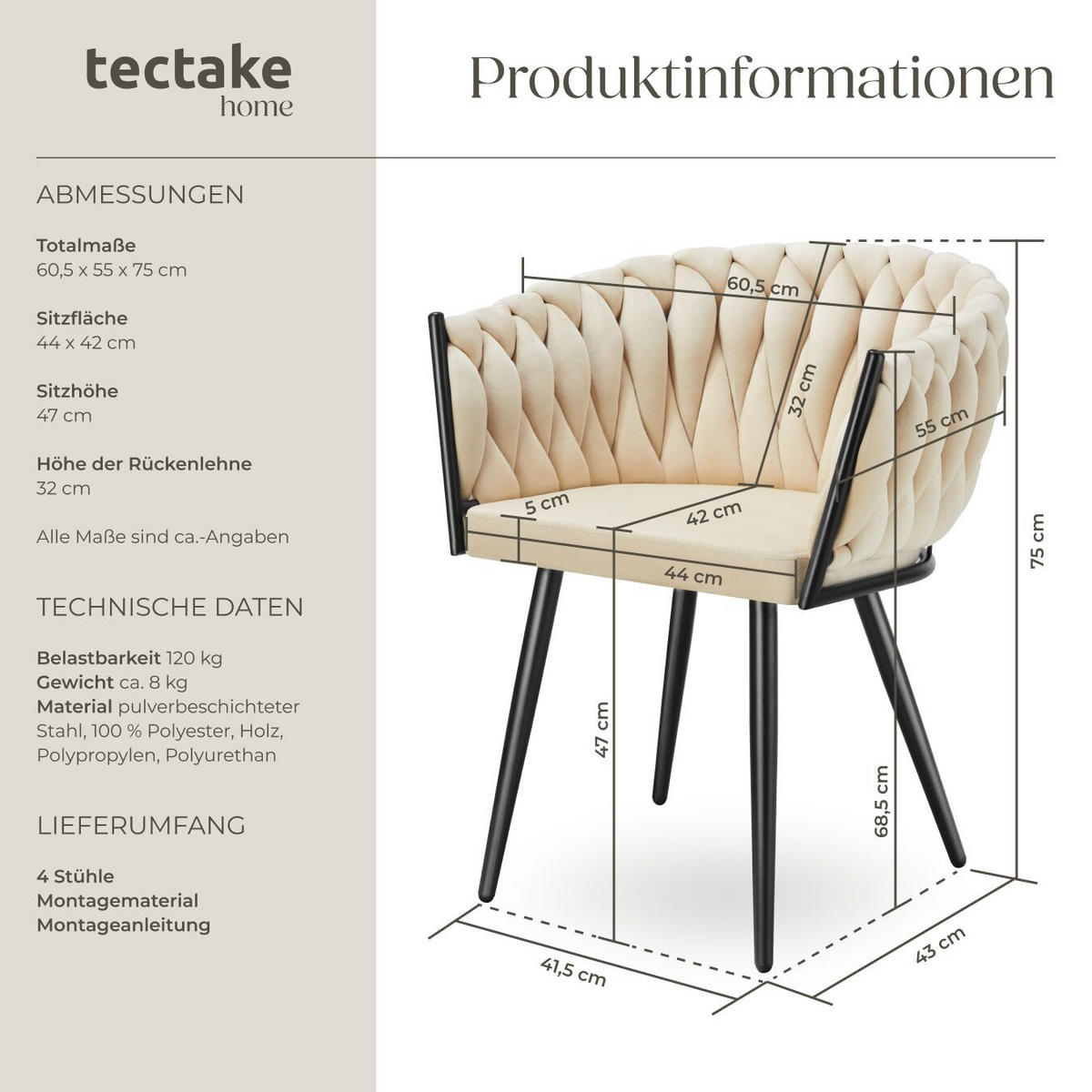 ESSZIMMERSTUHL 4er Set Astano 60 5 x 55 x 75 cm Sand - Sandfarben, Textil (60.5/75/55cm) - tectake