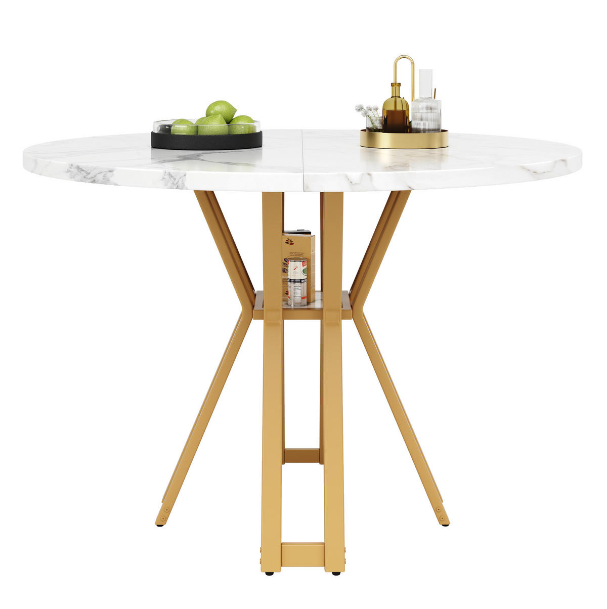 JÍDELNÍ stůl 100/100/76 cm bílo-zlatý z MDF a kovu s mramorovým dekorem a nastavitelnými nožkami - bílá, kompozitní dřevo (100/100/76cm) - OKWISH