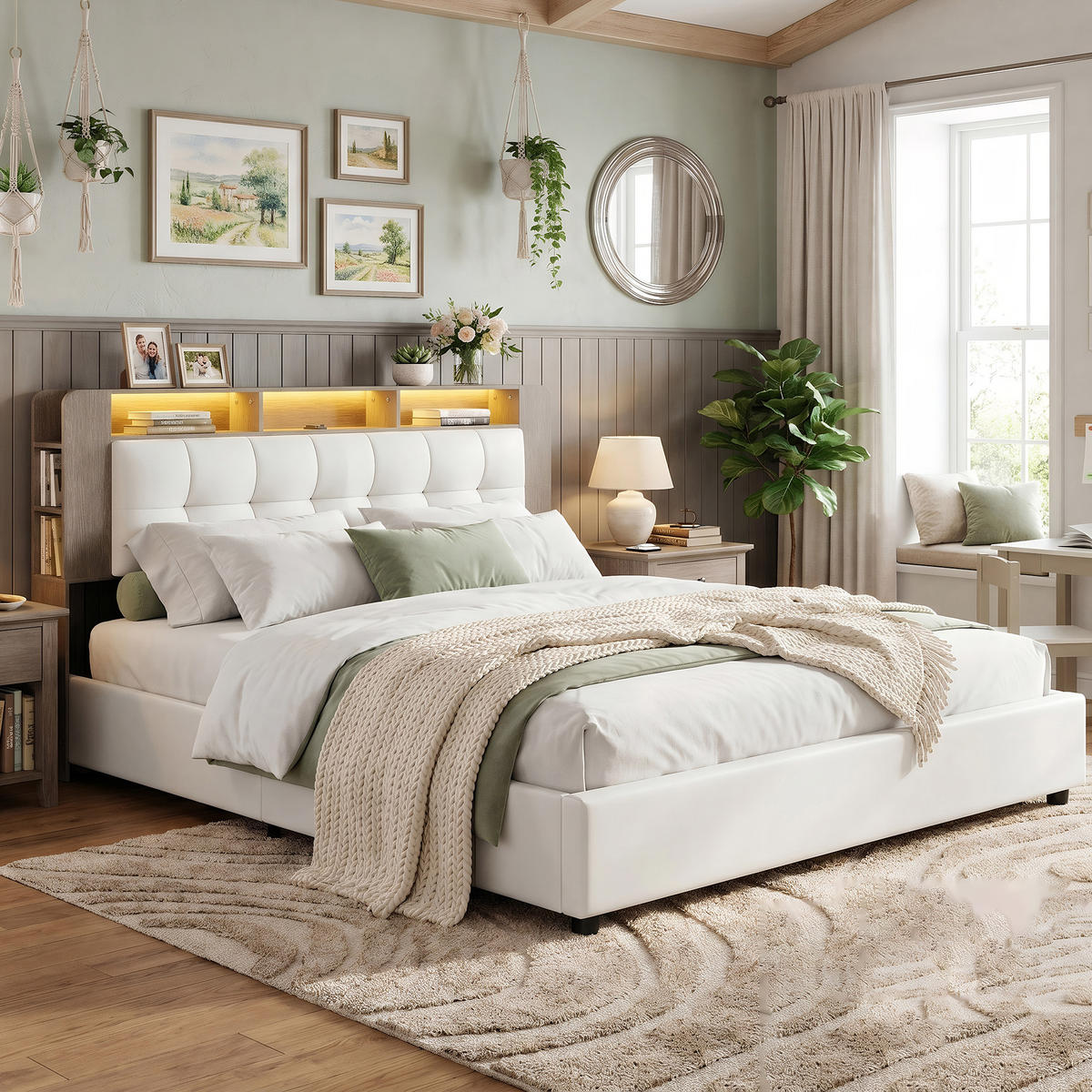 POLSTERBETT Holzdekor 140/200 cm mit Bettkasten & Qi-Ladepad Samtoptik Beige - Beige, Textil (140/200cm) - Creahappy