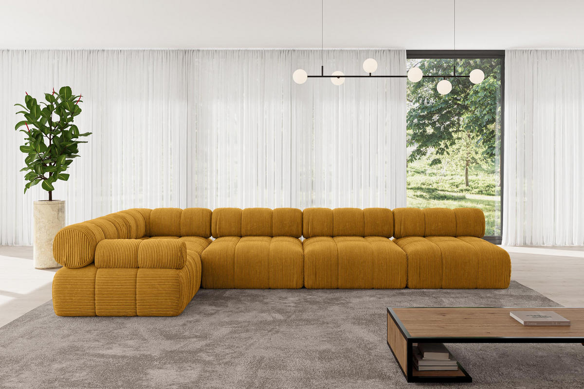 ECKSOFA modulares Sofa Mende-L3 - 380x190x70 cm Senfgelb Cord - Currygelb, Holzwerkstoff/Textil (380/190cm) - ALTDECOR
