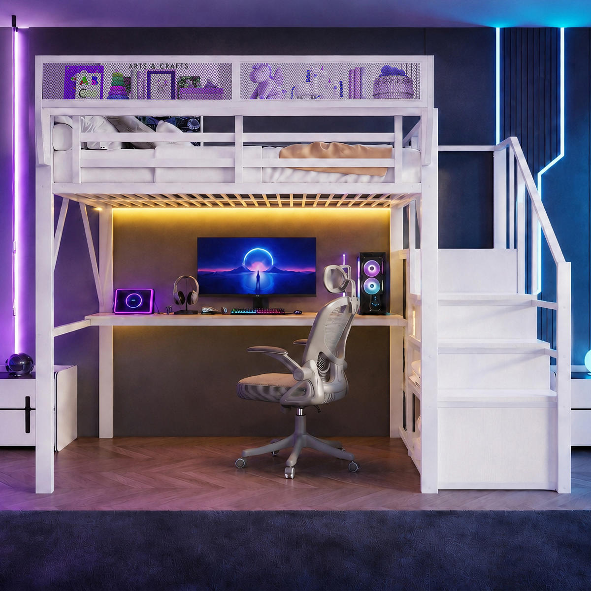 HOCHBETT 140/200 cm DE-32583 mit Schreibtisch, LED und Stauraum Weiß - Weiß, Metall (140/200cm) - ComfortXL