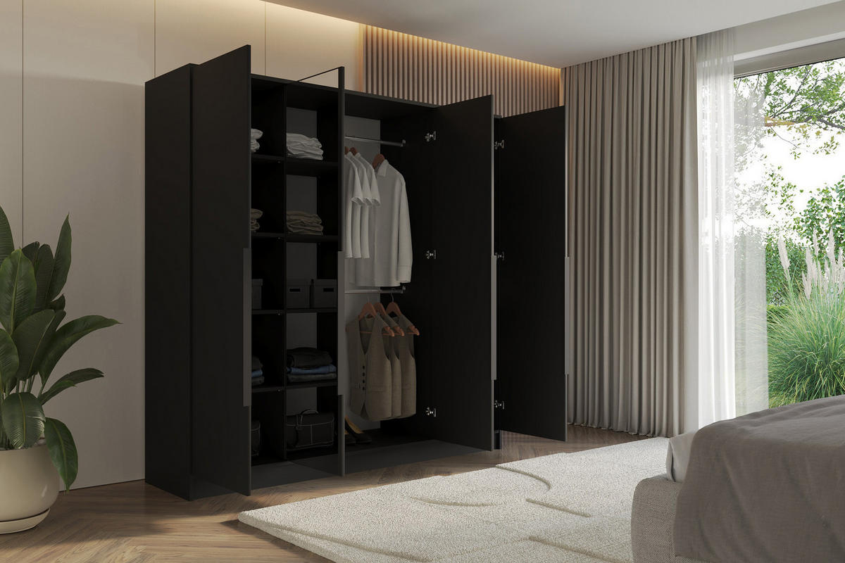 KLEIDERSCHRANK - LUSSO - 200 - Schwarz - Schwarz, Holzwerkstoff (200/200/51cm) - ALTDECOR