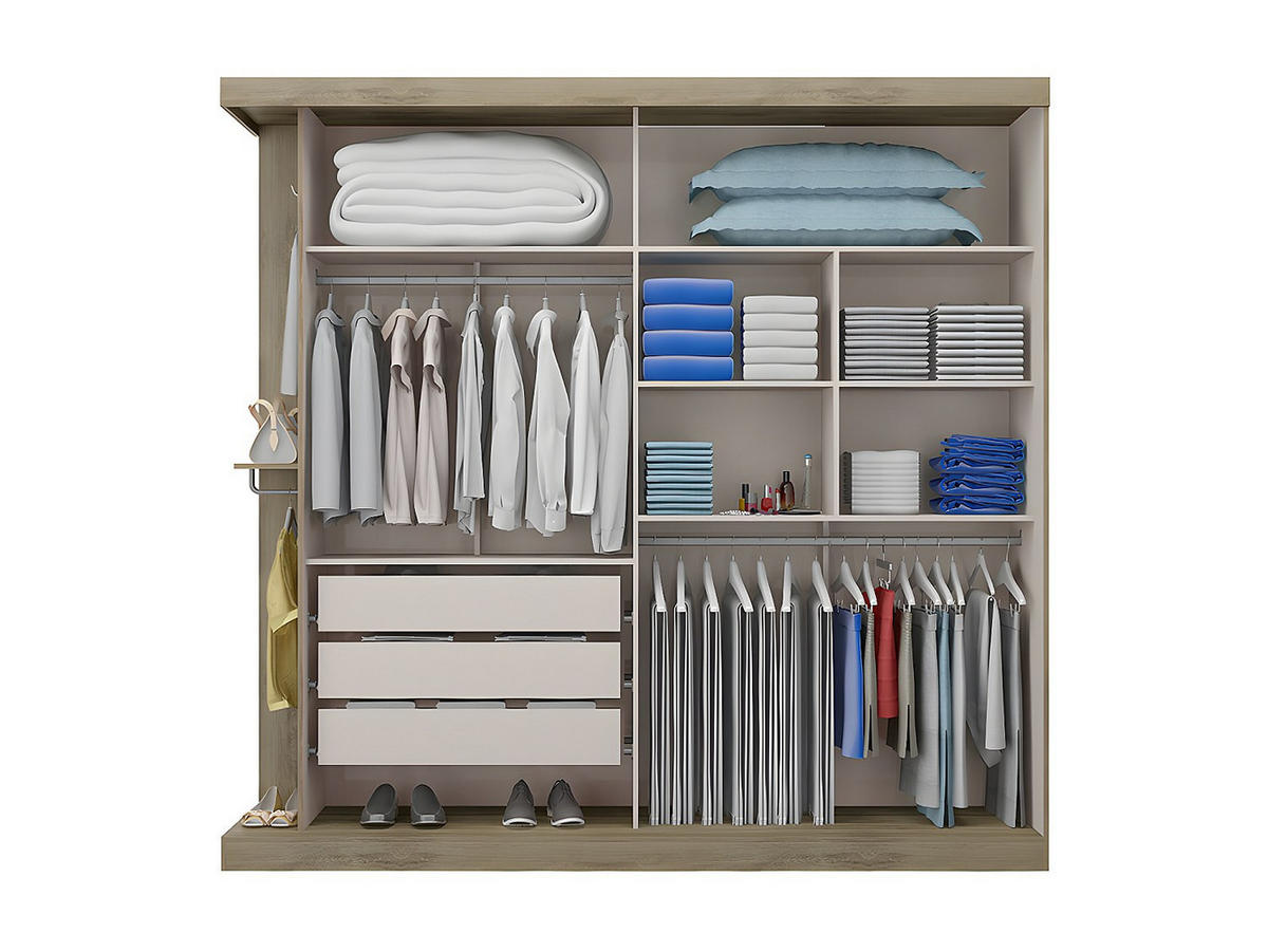 KLEIDERSCHRANK mit 2 Schiebetüren + Spiegel - B. 231 cm - Eichefarben & Elfenbein - ADALRIK II - Naturfarben, Holz (231/219/51.8cm) - Vente-Unique