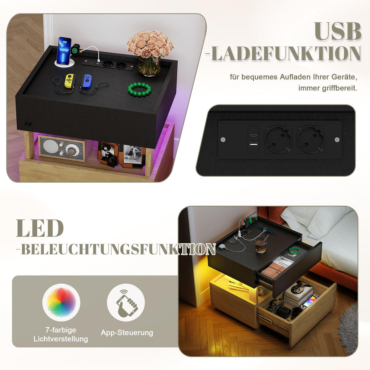 NACHTTISCH mit LED, Nachtkonsole mit Steckdose und USB, 50x40x50 cm - Schwarz, Holzwerkstoff (50/50/40cm) - LVHOM