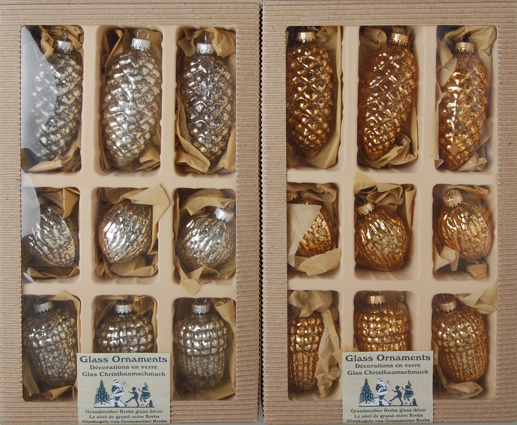 CHRISTBAUMSCHMUCK Sortiment Zapfen Eichel Walnuss Mercury Goldfarbig 10cm (Glas / 18 Stk.) - Goldfarben, Glas (4/6/4cm) - Krebs Glas Lauscha