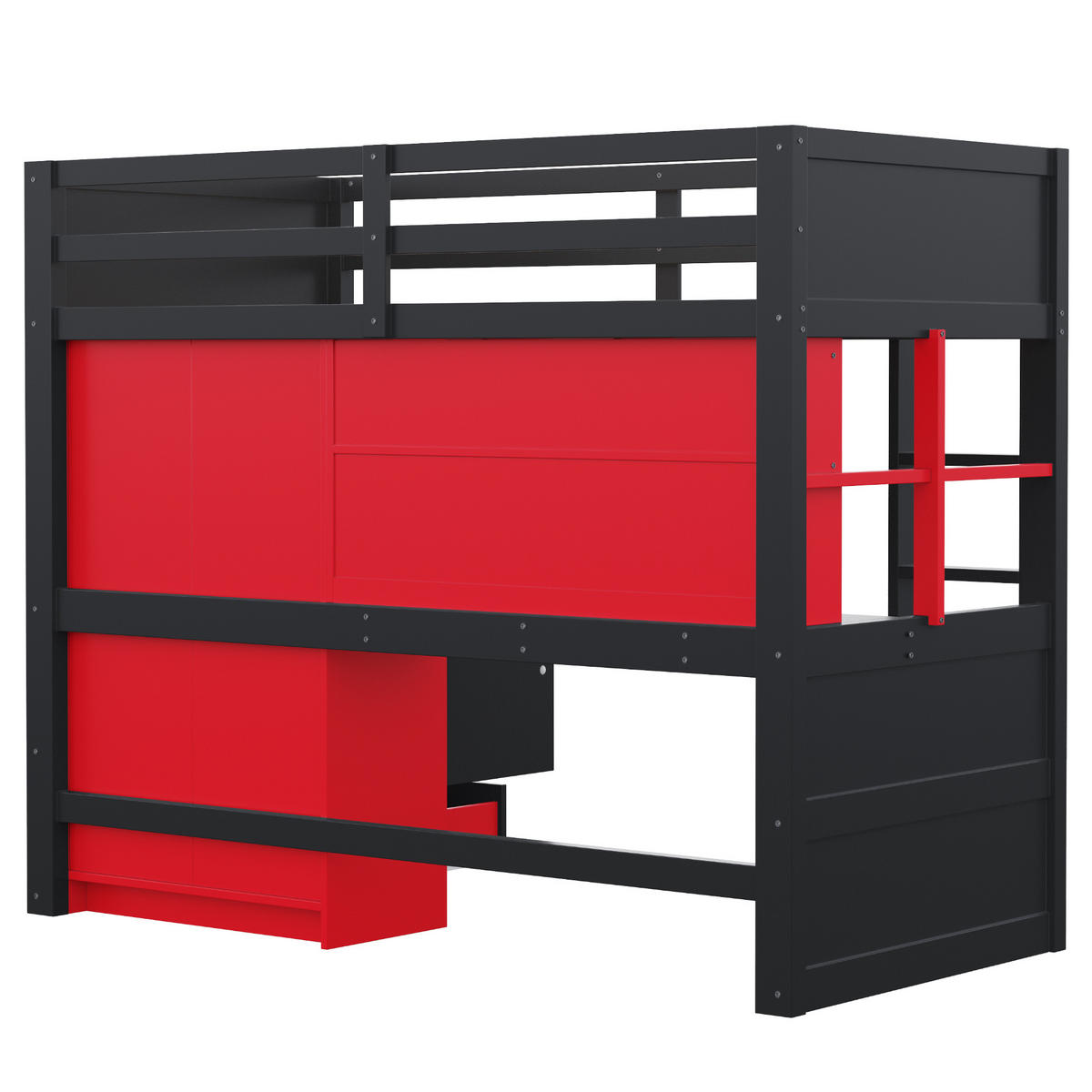 HOCHBETT Schwarz-Rot aus Holz 90×200cm im Gaming-Stil mit Leiter, Tisch, Kleiderschrank und LED-Beleuchtung - Schwarz, Holz (90/200cm) - Luhomfu