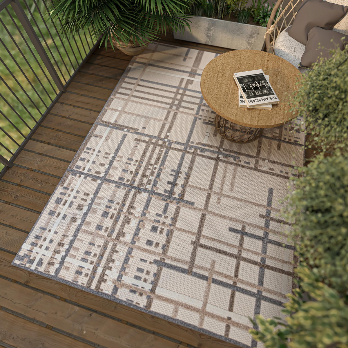 TEPPICH Outdoor Geometrisch Streifen Kurzflor Rechteckig Moderne - 120x170 cm - Creme, Textil (120/170cm) - Mazovia