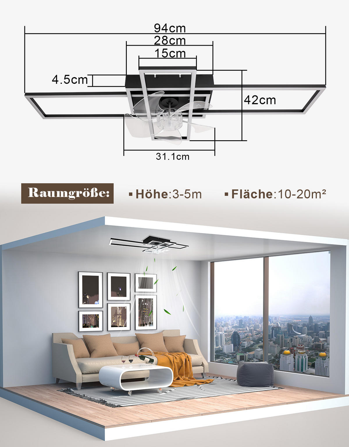 LED DECKENVENTILATOR Neryn 94/42/15.5 cm - Schwarz, Kunststoff/Metall (94/42/15.5cm) - ZMH