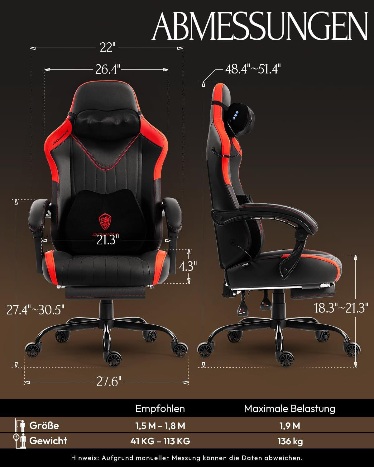 GAMING Stuhl mit Massagefunktion & Lendenwirbelstütze & Nackenstütze - Rot, Leder (56/123/70cm)