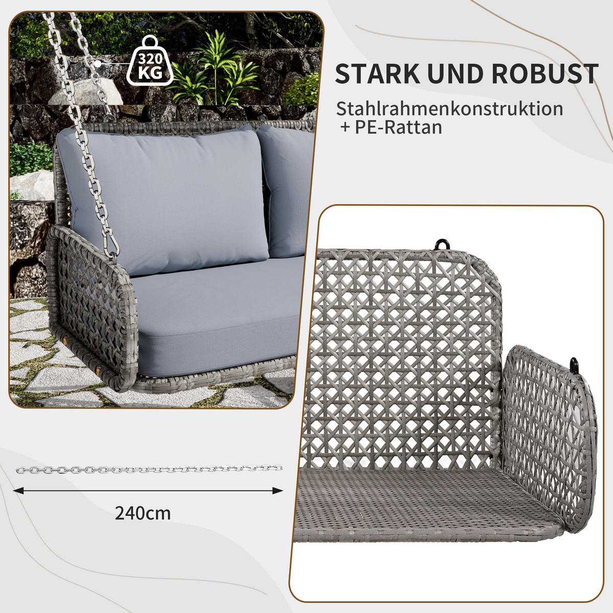 SCHAUKEL 2 Personen Grau PE-Rattan Belastbar 320 kg - Grau, Metall (56/23/113cm) - FLIEKS