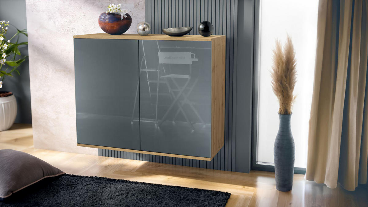 KOMMODE Skadu Grau Hochglanz - Grau, Holzwerkstoff (92.5/73.5/35cm) - Vladon