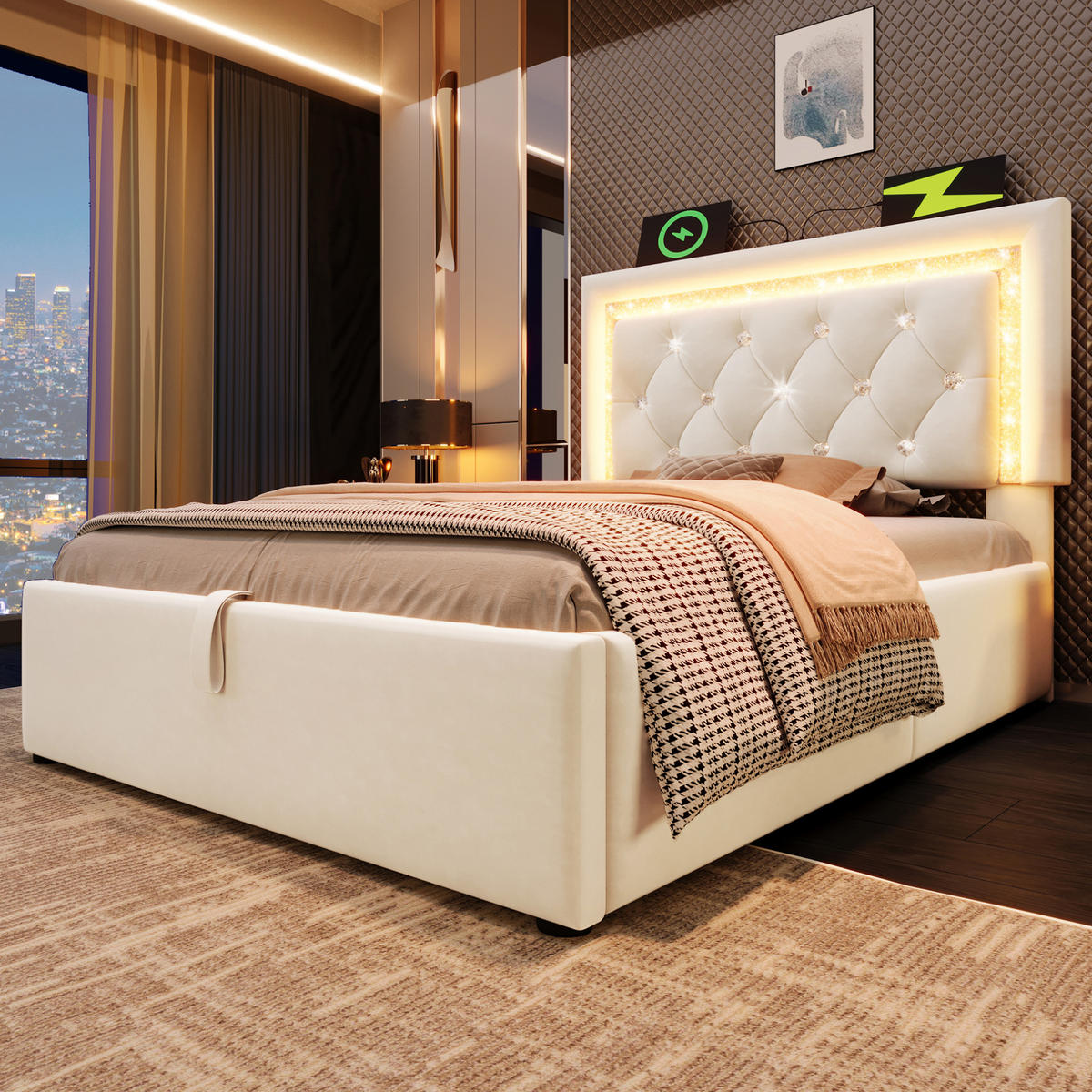 BETT mit LED, USB und Stauraum 90x200 cm Samt Beige - Beige, Metall (90/200cm) - Meubliv