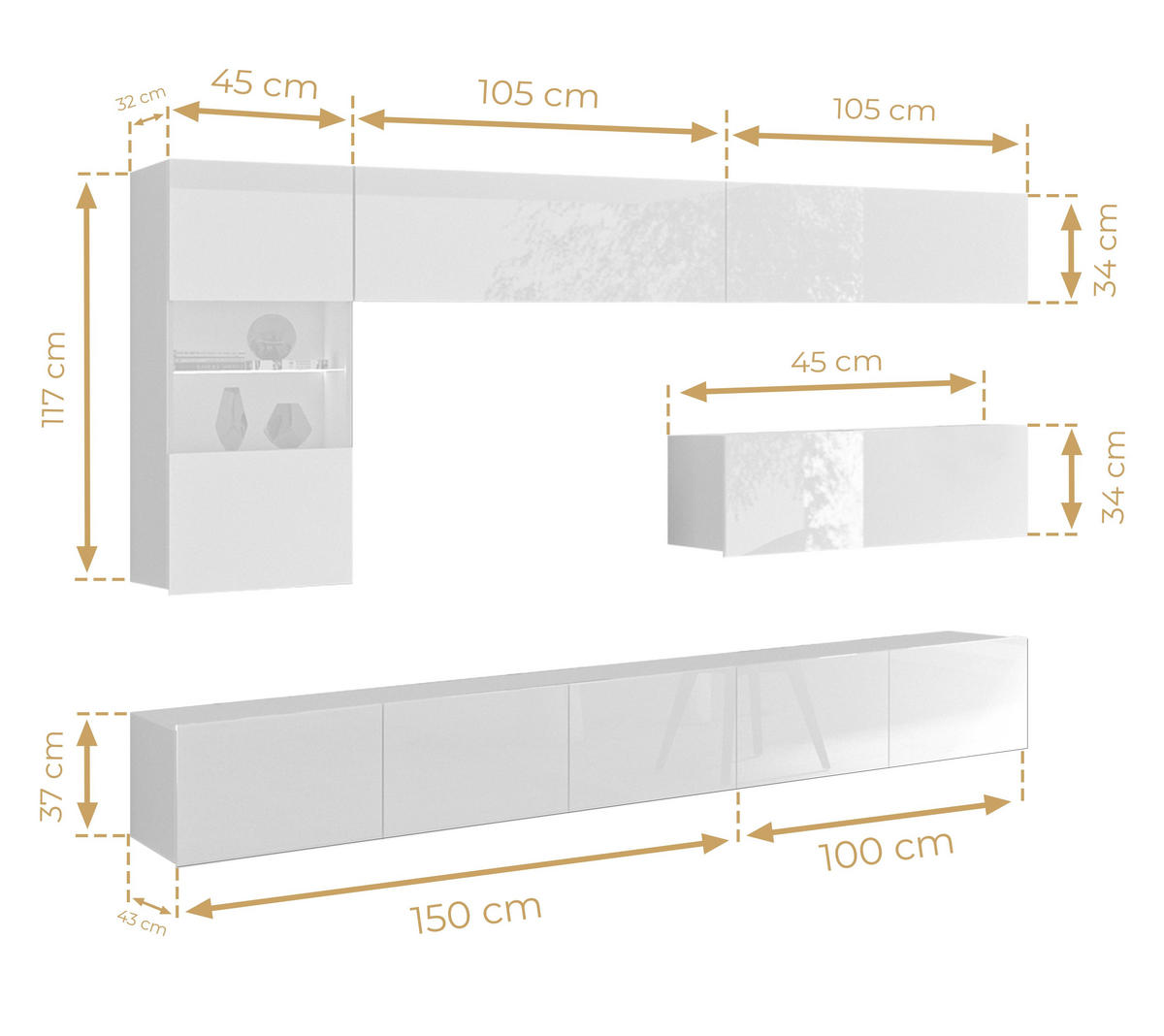 WOHNWAND Kossana 4 Modern Weiß/Goldene Eiche 255/142/43 cm Designmöbel - Hellbraun/Weiß, Holzwerkstoff/Kunststoff (255/142/43cm) - AX Living
