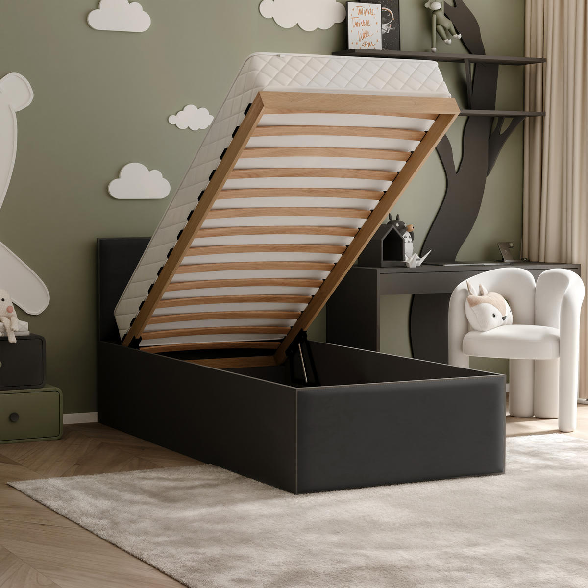 POLSTERBETT SASHI 90/200 cm Bettkasten, ohne Matratze, Schwarz / Schwarz - Schwarz, Holz/Holzwerkstoff (90/200cm) - Idohome