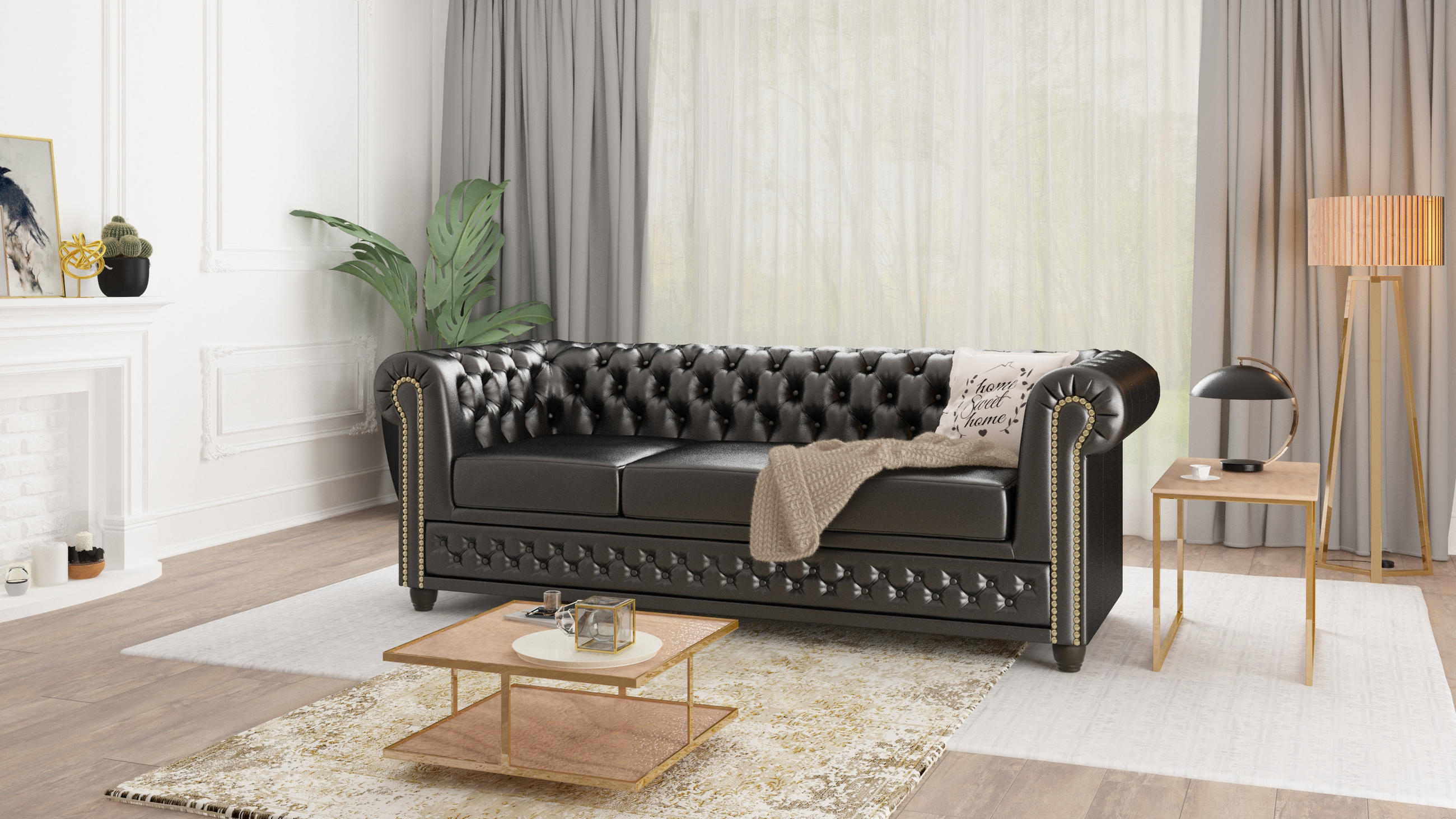 CHESTERFIELD-SOFA 3-sitzer mit Schlaffunktion Morin Schwarz vegan Leder - Schwarz/Braun, Holz/Textil (203/72/86cm) - S-Style Möbel