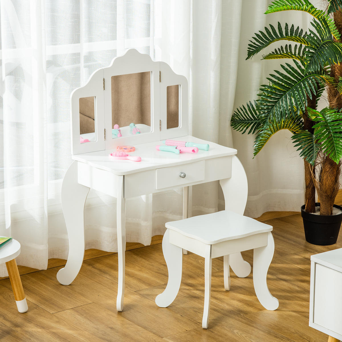 KINDERSCHMINKTISCH DE-18627 2-in-1 mit Triptychonspiegel Weiß - Weiß, Holzwerkstoff (40/85.5/63cm) - ComfortXL