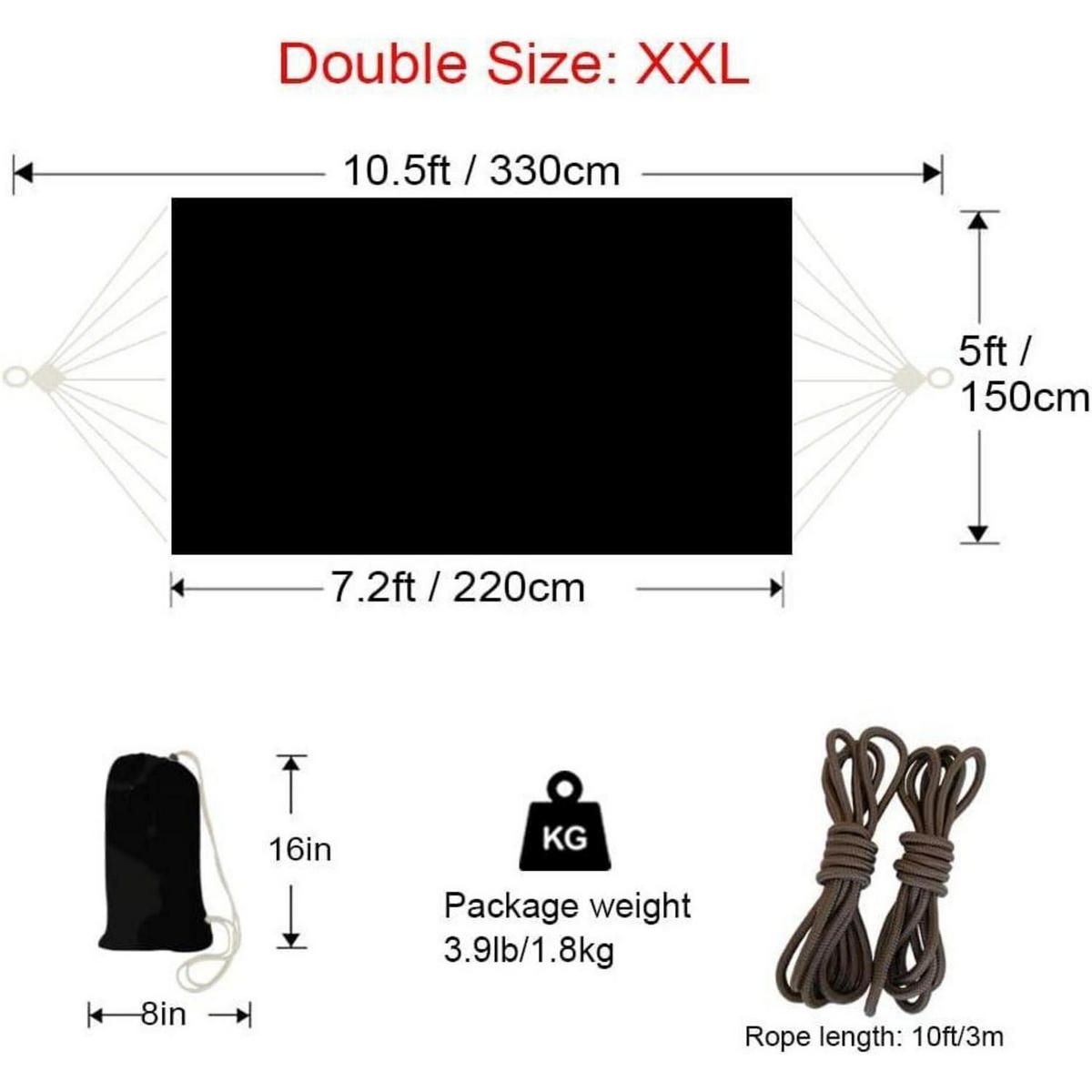 HÄNGEMATTE für 2 Personen 220 x 150 cm Leinwand-Baumwolle Schwarz XXL - Schwarz, Textil (149.9/2.5/330cm)