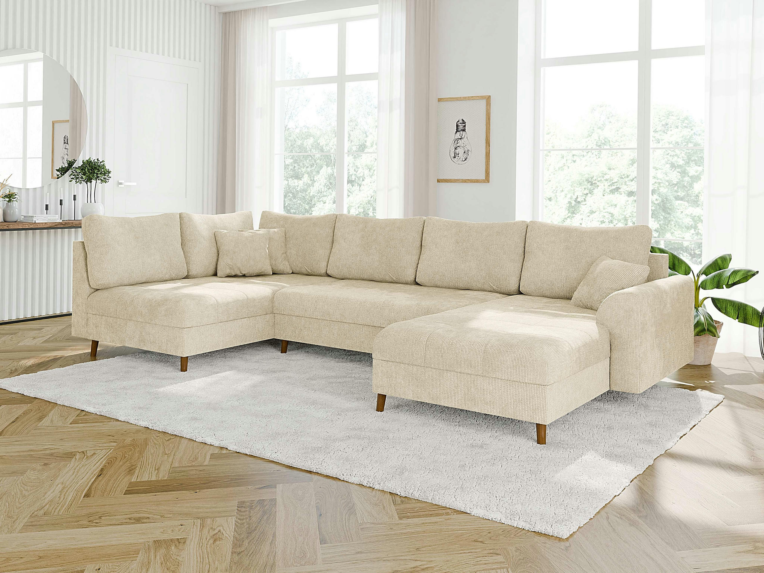 WOHNLANDSCHAFT Sigurd Beige Chenille - Ottomane rechts - Beige/Braun, Holz/Textil (310/81/161cm) - S-Style Möbel